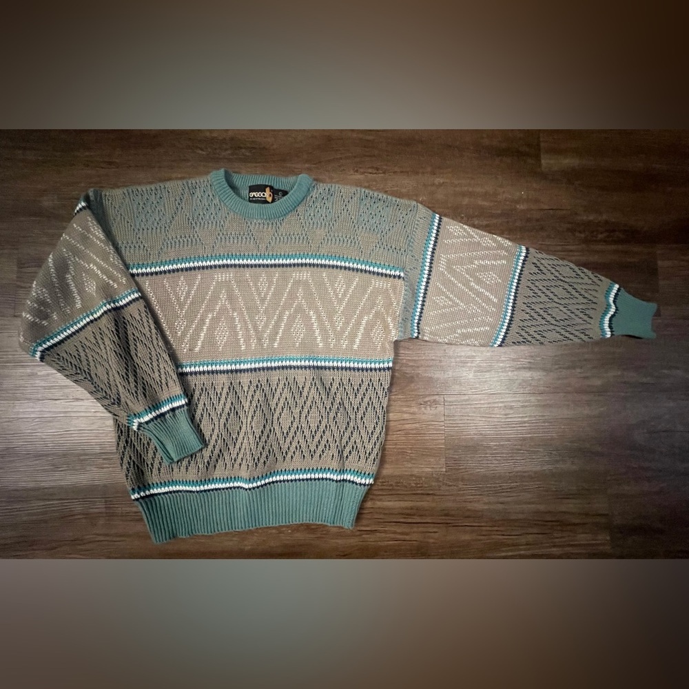 Vtg Men's Sasson Grandpa Blue/Gray Sweater Size Large‎ 80's Geometric Print